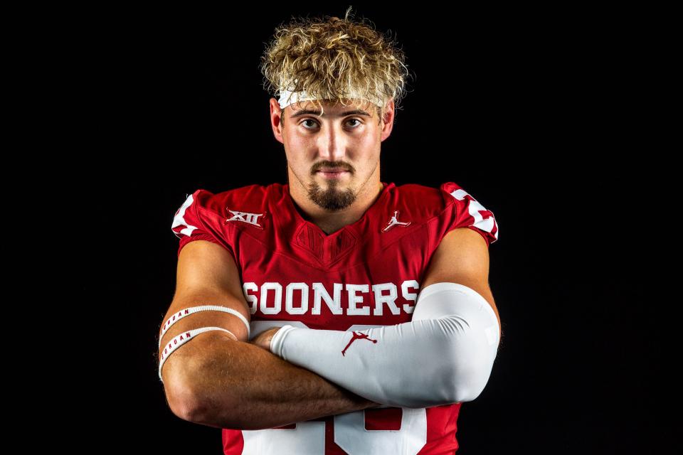 Oklahoma’s Danny Stutsman (28) is pictured at OU media day in Norman, Okla., on Tuesday, Aug. 1, 2023.