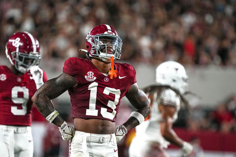 Sep. 9, 2023; Tuscaloosa, Alabama; Alabama defensive back Malachi Moore (13) reacts to a penalty that gave the Texas Lonhorns a first down late in the game at Bryant-Denny Stadium on Saturday, Sep. 9, 2023 in Tuscaloosa, Alabama. Mandatory Credit: Aaron E. Martinez-USA TODAY NETWORK