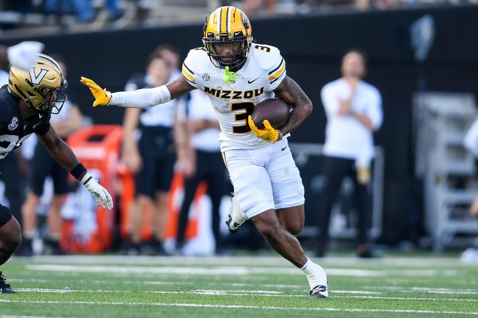 Sep 30, 2023; Nashville, Tennessee, USA; Missouri Tigers wide receiver Luther Burden III (3) runs the ball against the Vanderbilt Commodores during the first half at FirstBank Stadium. Mandatory Credit: Steve Roberts-USA TODAY Sports