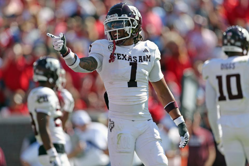 Nov 4, 2023; Oxford, Mississippi, USA; Texas A&M Aggies defensive back Bryce Anderson (1) react toward the Mississippi Rebels student section during the second half at Vaught-Hemingway Stadium. Mandatory Credit: Petre Thomas-USA TODAY Sports