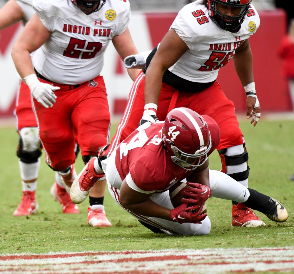 Nov 19, 2022; Tuscaloosa, Alabama, USA; Alabama defensive lineman Damon Payne Jr. (44) recovers an Austin Peay fumble at Bryant-Denny Stadium. Mandatory Credit: Gary Cosby Jr.-USA TODAY Sports