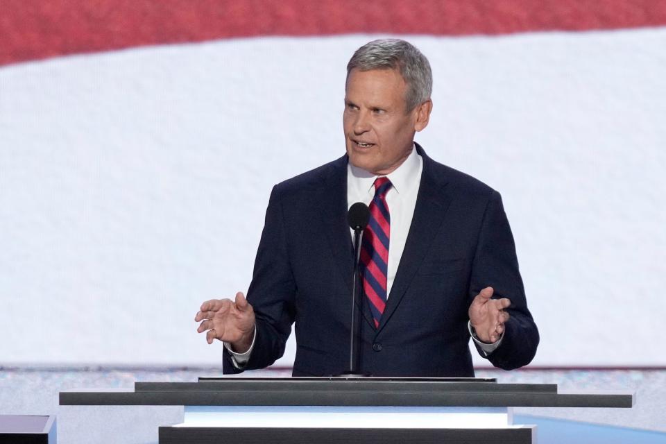 Jul 16, 2024; Milwaukee, WI, USA; Tennessee Gov. Bill Lee delivers remarks during the second day of the Republican National Convention at the Fiserv Forum. The second day of the RNC focused on crime and border policies. Mandatory Credit: Jasper Colt-USA TODAY