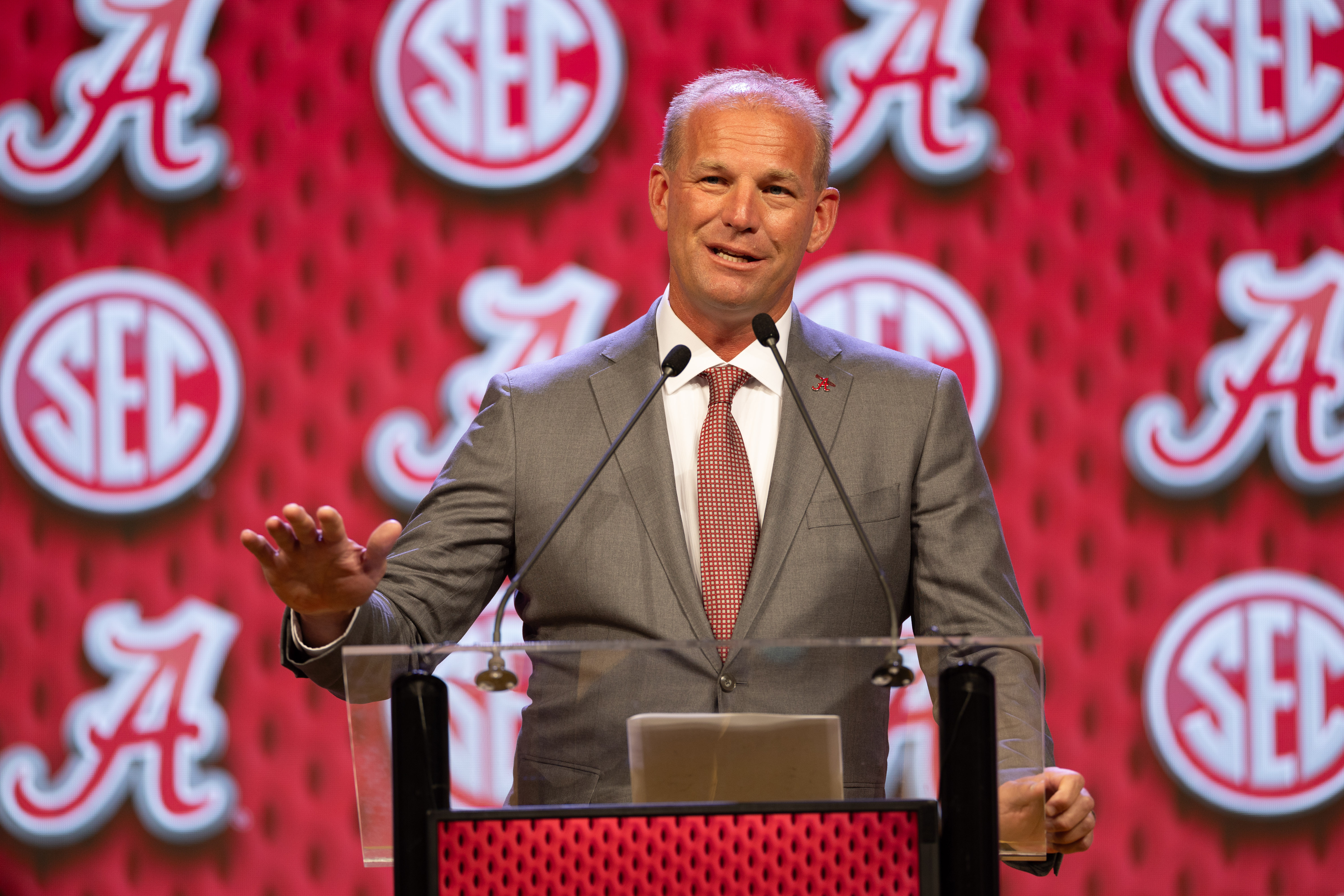 Jul 17, 2024; Dallas, TX, USA; Alabama head coach Kalen DeBoer speaking at Omni Dallas Hotel. Mandatory Credit: Brett Patzke-USA TODAY Sports