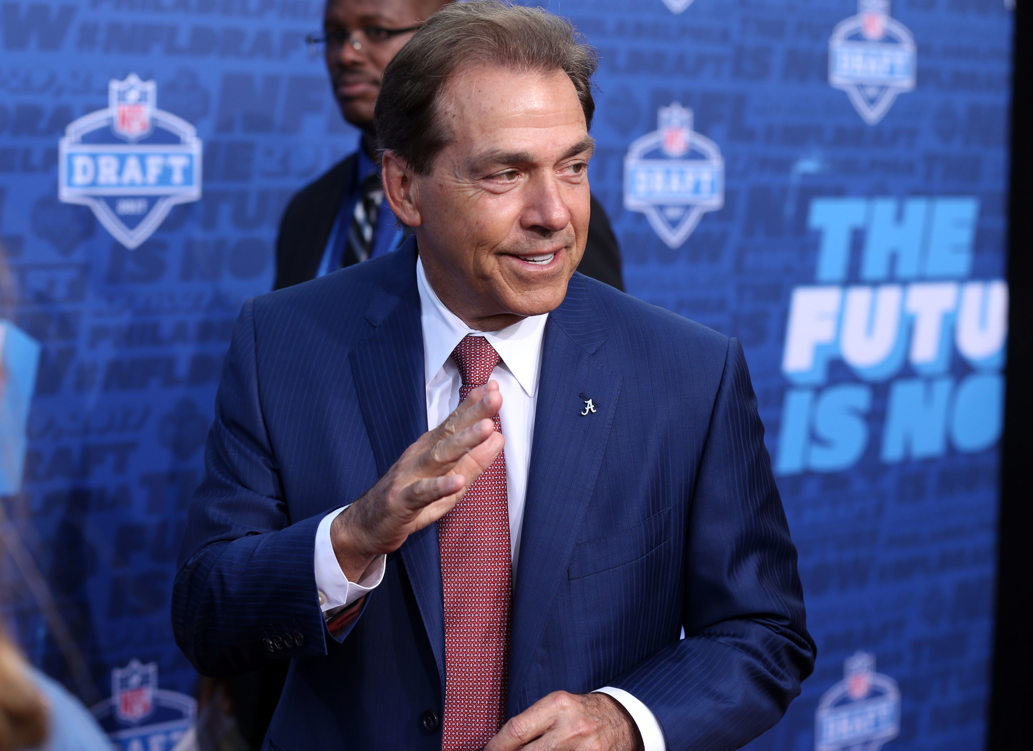 Apr 27, 2017; Philadelphia, PA, USA; Alabama head coach Nick Saban walks on the red carpet before the start of the NFL Draft at Philadelphia Museum of Art. Mandatory Credit: Bill Streicher-USA TODAY Sports