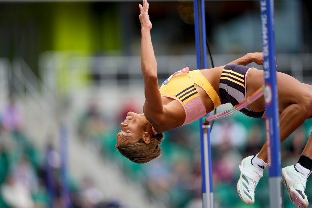 Anna Hall competes in the heptathlon high jump during the U.S. Track and Field Olympic Team Trials Sunday, June 23, 2024, in Eugene, Ore. (AP Photo/Charlie Neibergall)