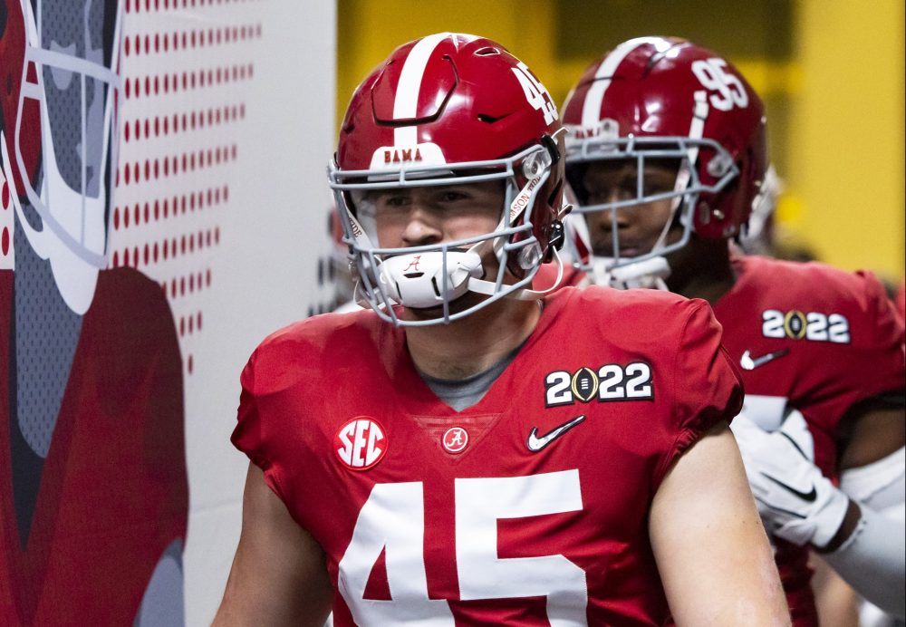 Jan 10, 2022; Indianapolis, IN, USA; Alabama Crimson Tide tight end Robbie Ouzts (45) against the Georgia Bulldogs in the 2022 CFP college football national championship game at Lucas Oil Stadium. Mandatory Credit: Mark J. Rebilas-USA TODAY Sports