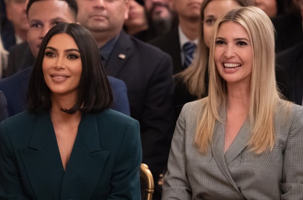 Kim Kardashian(L)and Ivanka Trump listen as US President Donald Trump speaks about second chance hiring and criminal justice reform in the East Room of the White House in Washington, DC, June 13, 2019. (Photo by SAUL LOEB / AFP) (Photo credit should read SAUL LOEB/AFP via Getty Images)