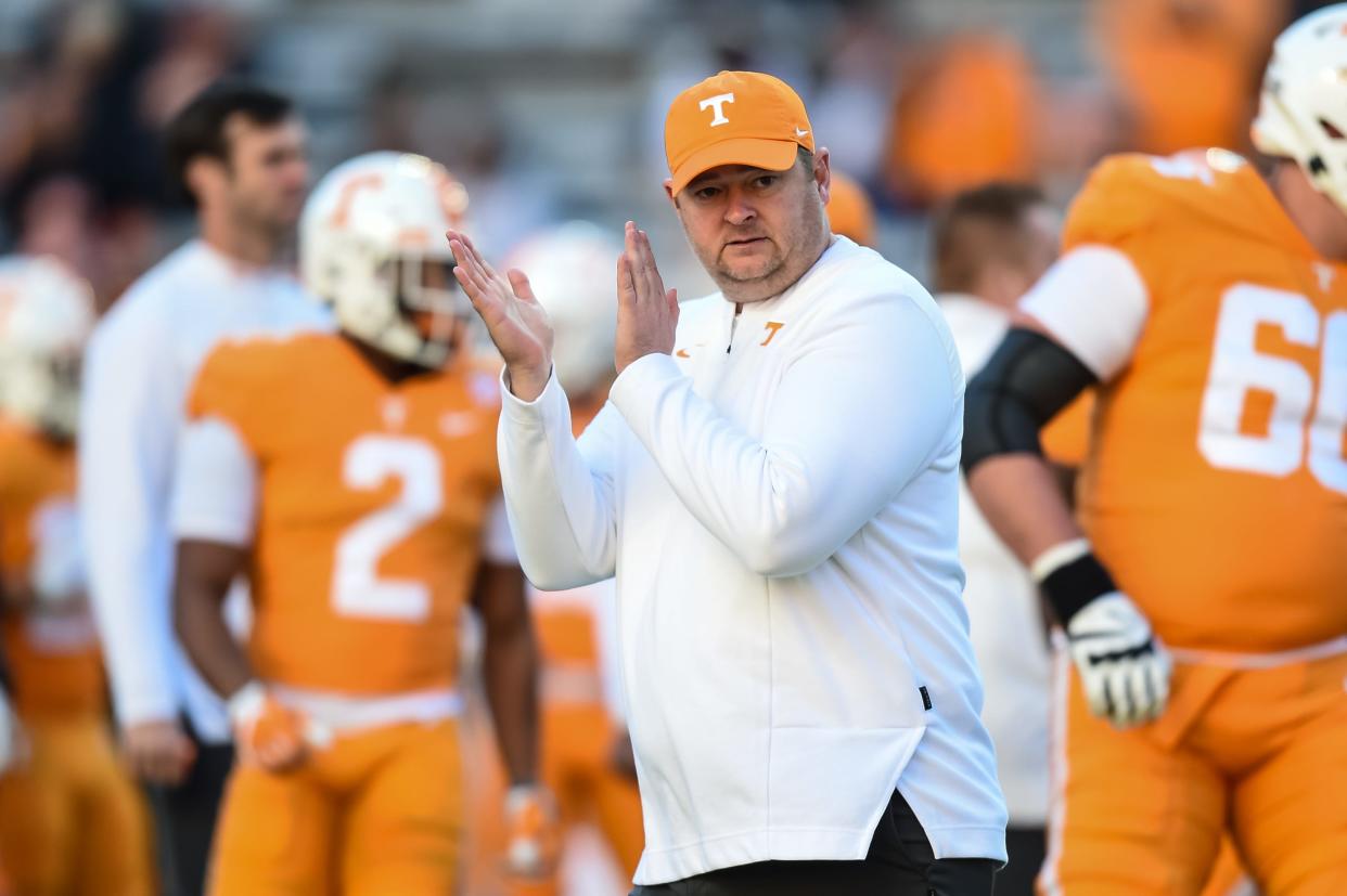 Nov 27, 2021; Knoxville, Tennessee, USA; Tennessee Volunteers head coach Josh Heupel on the field before a game against the Vanderbilt Commodores at Neyland Stadium. Mandatory Credit: Bryan Lynn-USA TODAY Sports