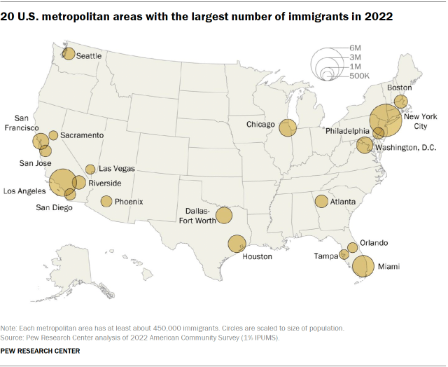 A map of the U.S. showing the 20 metropolitan areas with the largest number of immigrants in 2022.