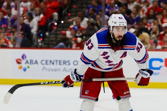 May 26, 2024; Sunrise, Florida, USA; New York Rangers center Mika Zibanejad (93) looks on against the Florida Panthers during the second period in game three of the Eastern Conference Final of the 2024 Stanley Cup Playoffs at Amerant Bank Arena. Mandatory Credit: Sam Navarro-USA TODAY Sports