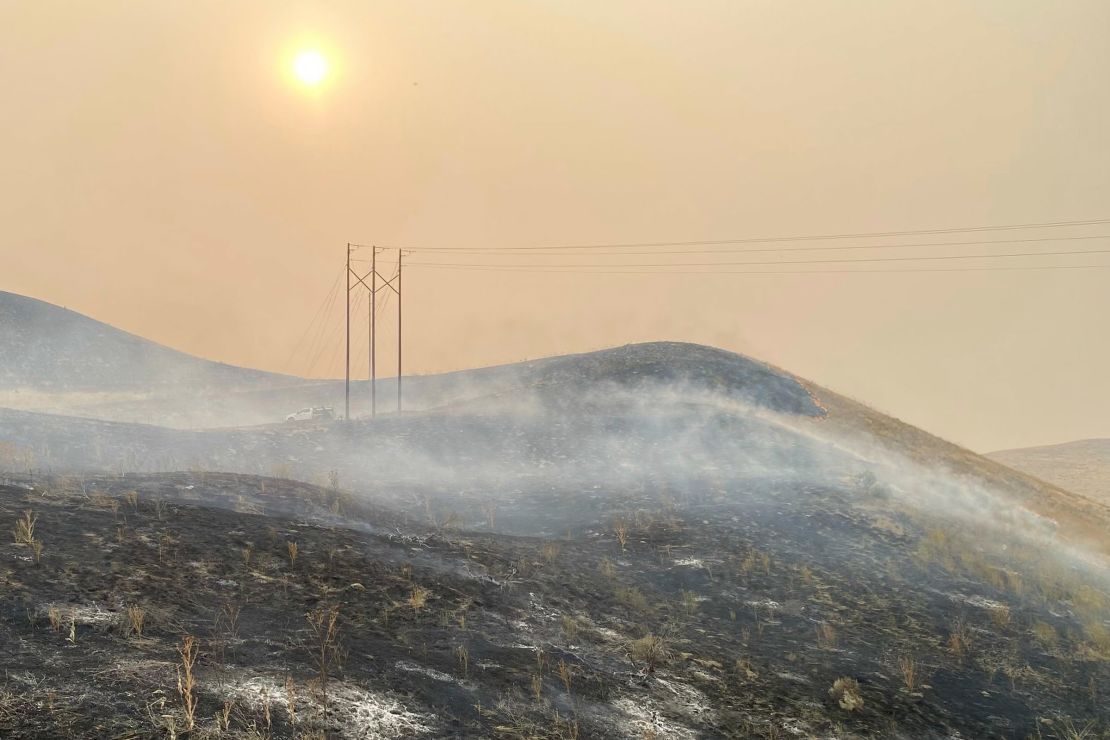 In this image provided by the Oregon Department of Transportation, shows an area burned by the Durkee fire near Interstate 84 close to Huntington, Oregon, on July 23, 2024.