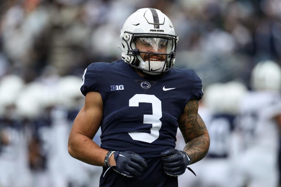 Apr 13, 2024; University Park, PA, USA; Penn State Nittany Lions wide receiver Julian Fleming (3) lines up on the line of scrimmage during a warmup practice prior to the Blue White spring game at Beaver Stadium. Mandatory Credit: Matthew O'Haren-USA TODAY Sports