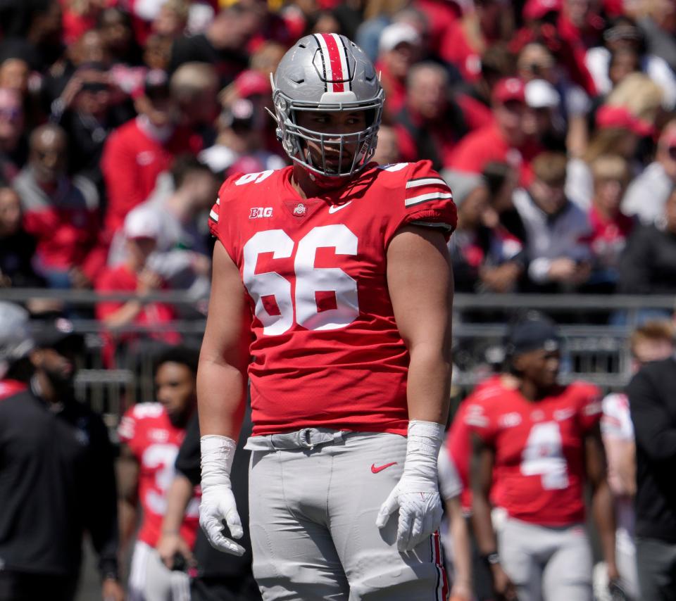 April 13, 2024; Columbus, Ohio, USA; 
Ohio State Buckeyes offensive lineman Enokk Vimahi (66) competes during the second half of the LifeSports spring football game at Ohio Stadium on Saturday.