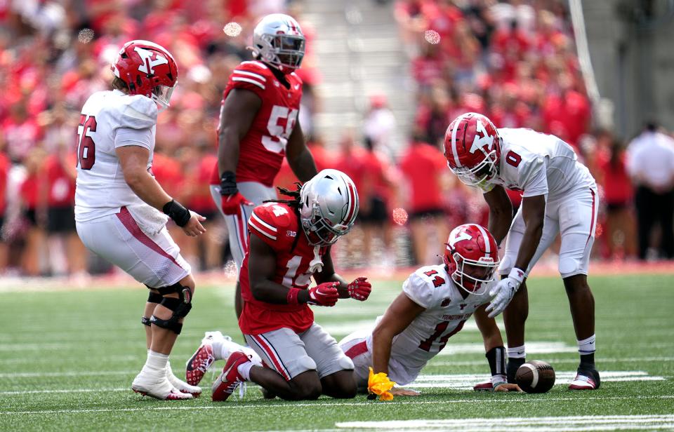 Sep 09, 2023; Columbus, OH, USA; Ohio State Buckeyes safety Ja'Had Carter (14) mourns his yellow flag for holding during their NCAA football game at Ohio Stadium.