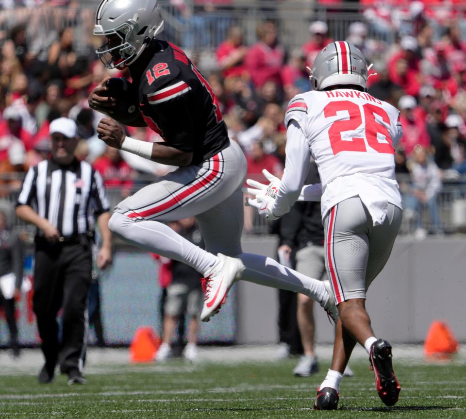 April 13, 2024; Columbus, Ohio, USA; 
Ohio State Buckeyes quarterback 