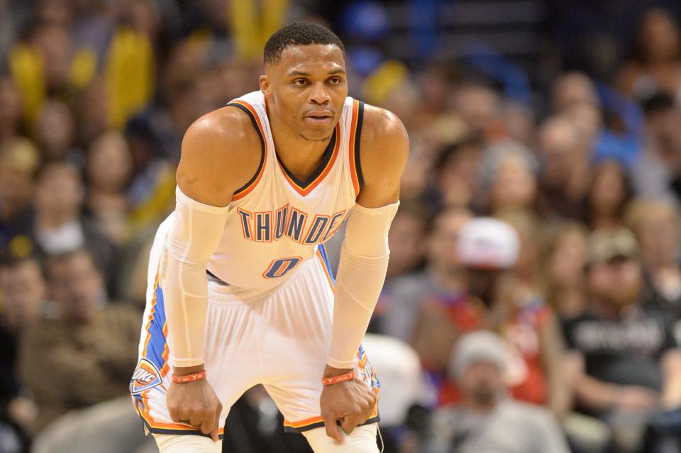 Nov 18, 2016; Oklahoma City, OK, USA; Oklahoma City Thunder guard Russell Westbrook (0) waits for a teammate to shoot free throws against the Brooklyn Nets during the fourth quarter at Chesapeake Energy Arena. Mandatory Credit: Mark D. Smith-USA TODAY Sports