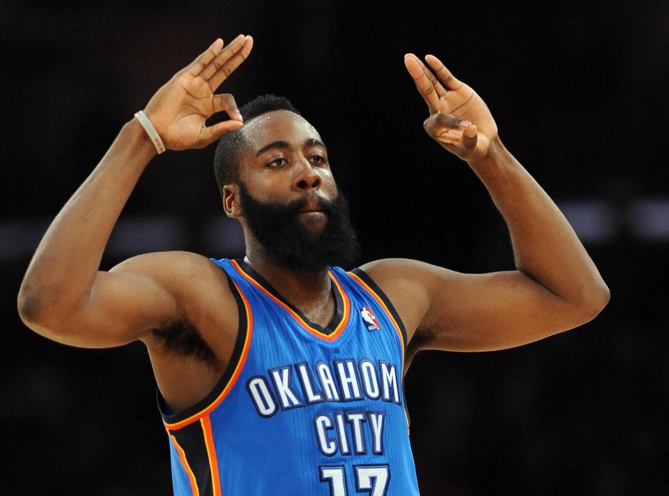 March 29, 2012; Los Angeles, CA, USA;  Oklahoma City Thunder guard James Harden (13) after a 3-point shot in the second half of the game against the Los Angeles Lakers at the Staples Center. Thunder won 102-93. Mandatory Credit: Jayne Kamin-Oncea-USA TODAY Sports