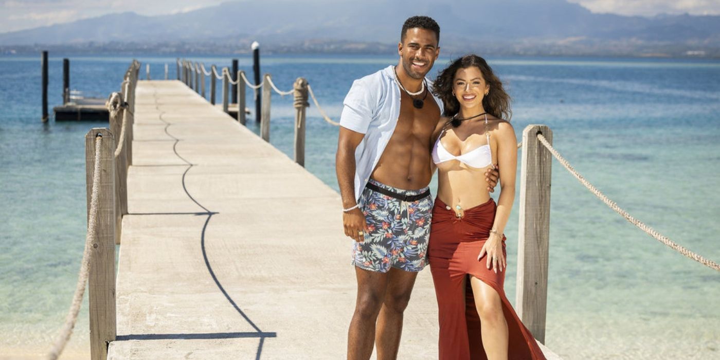 Kendall Washington and Nicole Jacky smile on a dock for their 'Love Island USA' final date