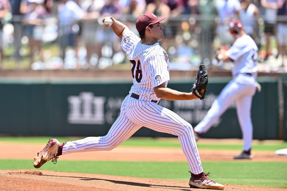 Jun 8, 2024; College Station, TX, USA; Texas A&M pitcher Ryan Prager (18) delivers a pitch during the first inning against the Oregon at Olsen Field, Blue Bell Park Mandatory Credit: Maria Lysaker-USA TODAY Sports