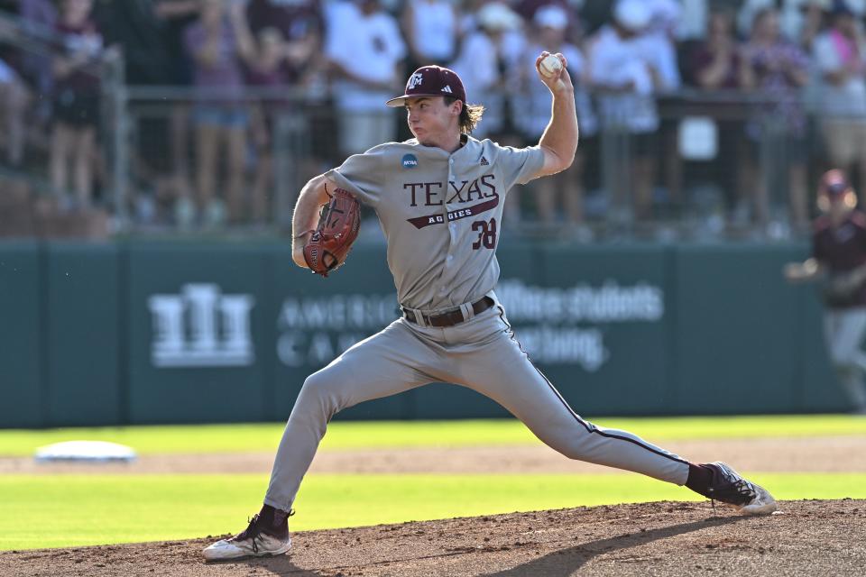 Jun 9, 2024; College Station, TX, USA; Texas A&M pitcher Shane Sdao (38) throws a pitch during the first inning against Oregon at Olsen Field, Blue Bell Park Mandatory Credit: Maria Lysaker-USA TODAY Sports