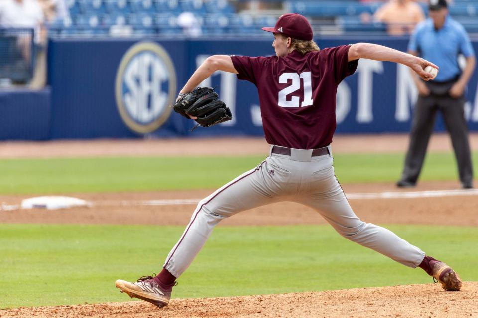 May 23, 2024; Hoover, AL, USA; Texas A&M Aggies pitcher Weston Moss (21) pitches against the Tennessee Volunteers during the SEC Baseball Tournament at Hoover Metropolitan Stadium. Mandatory Credit: Vasha Hunt-USA TODAY Sports