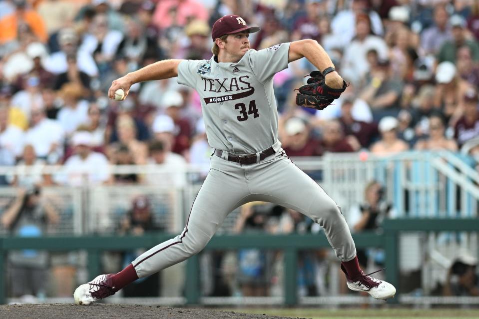 Jun 24, 2024; Omaha, NE, USA; Texas A&M Aggies pitcher Josh Stewart (34) throws against the Tennessee Volunteers during the third inning at Charles Schwab Field Omaha. Mandatory Credit: Steven Branscombe-USA TODAY Sports