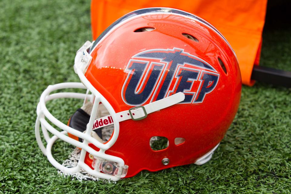 Sep 22, 2012; Madison, WI, USA; A UTEP Miners helmet during the game against the Wisconsin Badgers at Camp Randall Stadium. Wisconsin defeated UTEP 37-26. Mandatory Credit: Jeff Hanisch-USA TODAY Sports