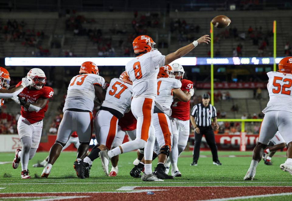 Sep 23, 2023; Houston, Texas, USA; Sam Houston State Bearkats quarterback Grant Gunnell (8) attempts a pass during the fourth quarter against the Houston Cougars at TDECU Stadium. Mandatory Credit: Troy Taormina-USA TODAY Sports