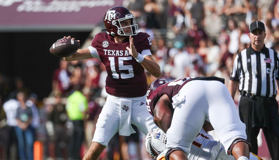 Sep 16, 2023; College Station, Texas; Texas A&M Aggies quarterback Conner Weigman (15) attempts a pass during the second quarter against the Louisiana Monroe Warhawks at Kyle Field. Troy Taormina-USA TODAY Sports