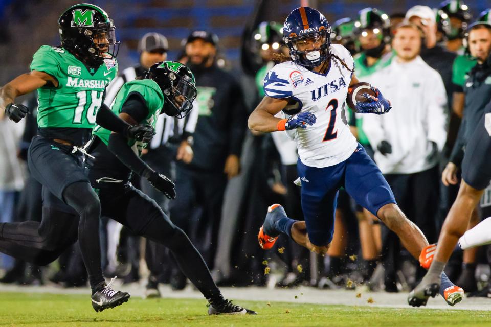 Dec 19, 2023; Frisco, TX, USA; UTSA Roadrunners wide receiver Joshua Cephus (2) runs after a catch during the third quarter against the Marshall Thundering Herd at Toyota Stadium. Mandatory Credit: Andrew Dieb-USA TODAY Sports