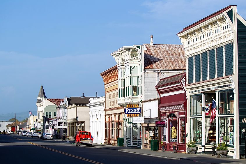 Victorian-style storefronts along Main Street in Ferndale, California