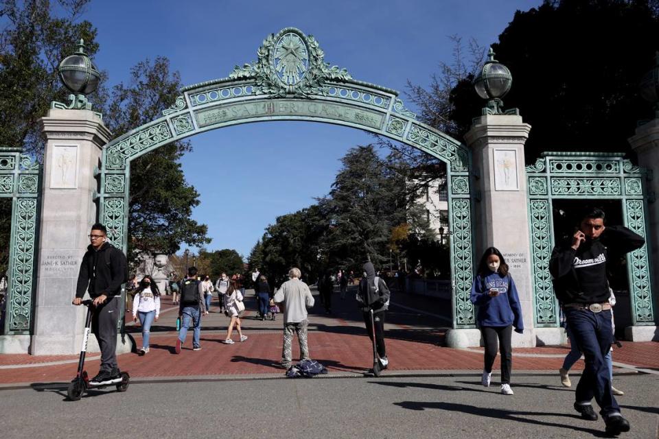 People walk through Sproul Plaza on the UC Berkeley campus on March 14, 2022, in Berkeley, California.