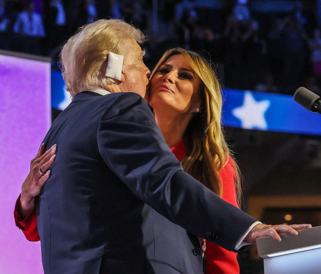 Donald Trump with wife, Melania, on stage after accepting nomination the final day of the Republican National Conventionin Milwaukee.