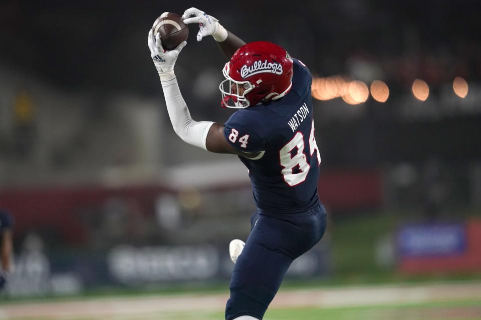 Sep 24, 2021; Fresno, California, USA; Fresno State Bulldogs tight end Tre Watson (84) catches a pass against the UNLV Rebels in the third quarter at Bulldog Stadium. Mandatory Credit: Cary Edmondson-USA TODAY Sports