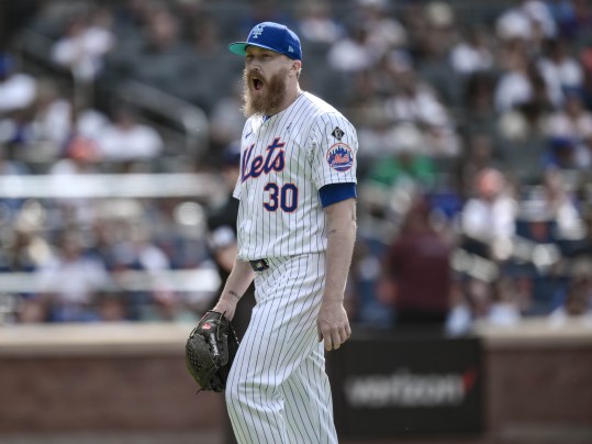 Jun 16, 2024; New York City, New York, USA; New York Mets pitcher Jake Diekman (30) reacts during a game against the San Diego Padres at Citi Field. Mandatory Credit: John Jones-USA TODAY Sports