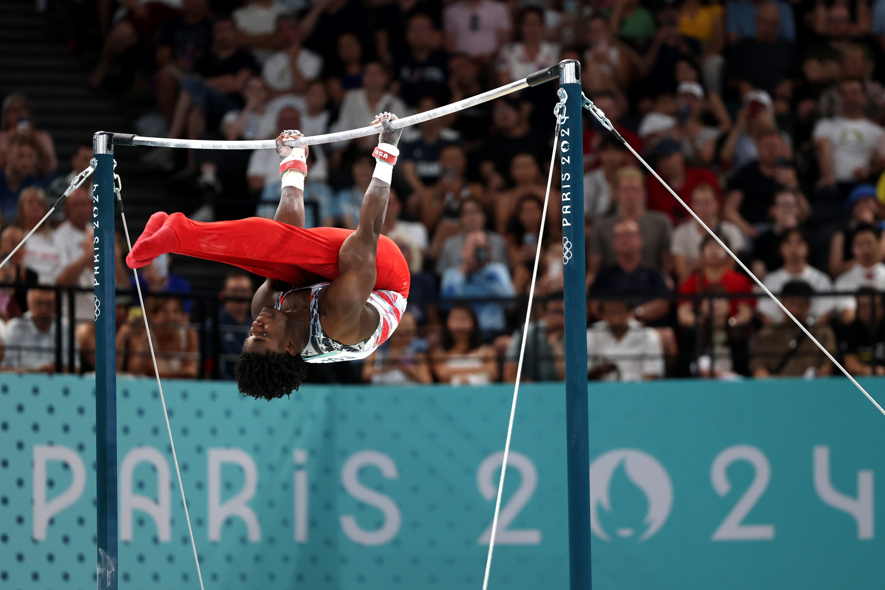 Frederick Richard of Team United States competes on the high bar during the Artistic Gymnastics Men's Team Final on day three of the Olympic Games Paris 2024 at Bercy Arena on July 29, 2024 in Paris, France. (Photo by Jamie Squire/Getty Images)