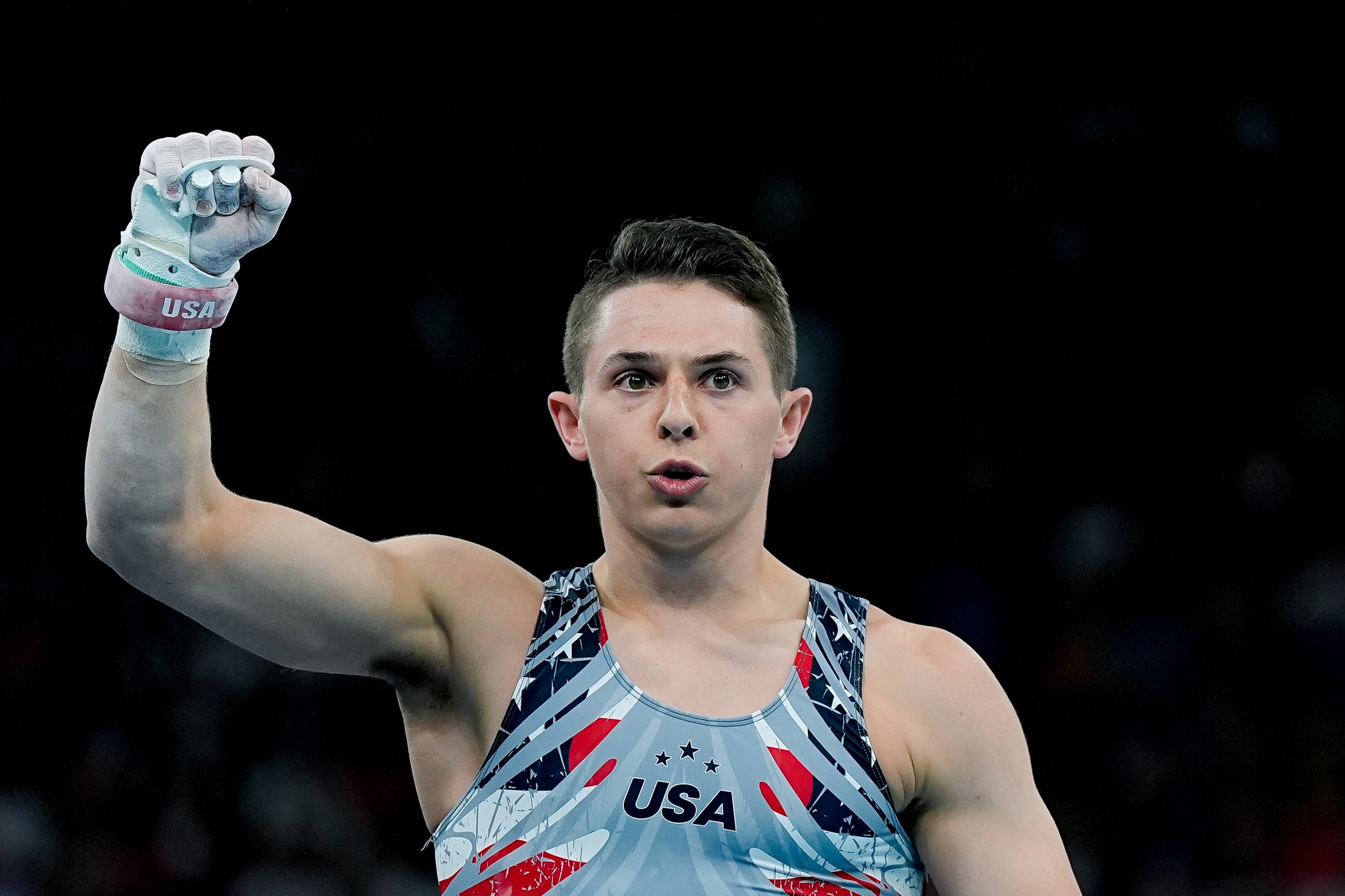 Paul Juda of United States celebrating his performance on Horizontal Bar during the Men's Artistic Gymnastics Team Final on day three of the Olympic Games Paris 2024 at Bercy Arena on July 29, 2024 in Paris, France. (Photo by Daniela Porcelli/Eurasia Sport Images/Getty Images)