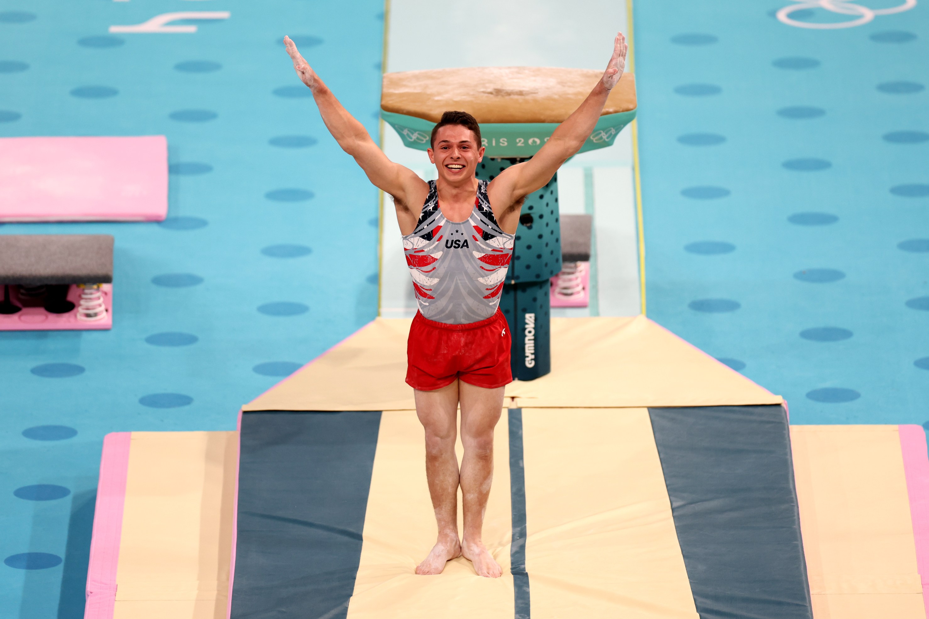 Paul Juda of Team United States celebrates after his routine on the vault during the Artistic Gymnastics Men's Team Final on day three of the Olympic Games Paris 2024 at Bercy Arena on July 29, 2024 in Paris, France. (Photo by Hannah Peters/Getty Images)