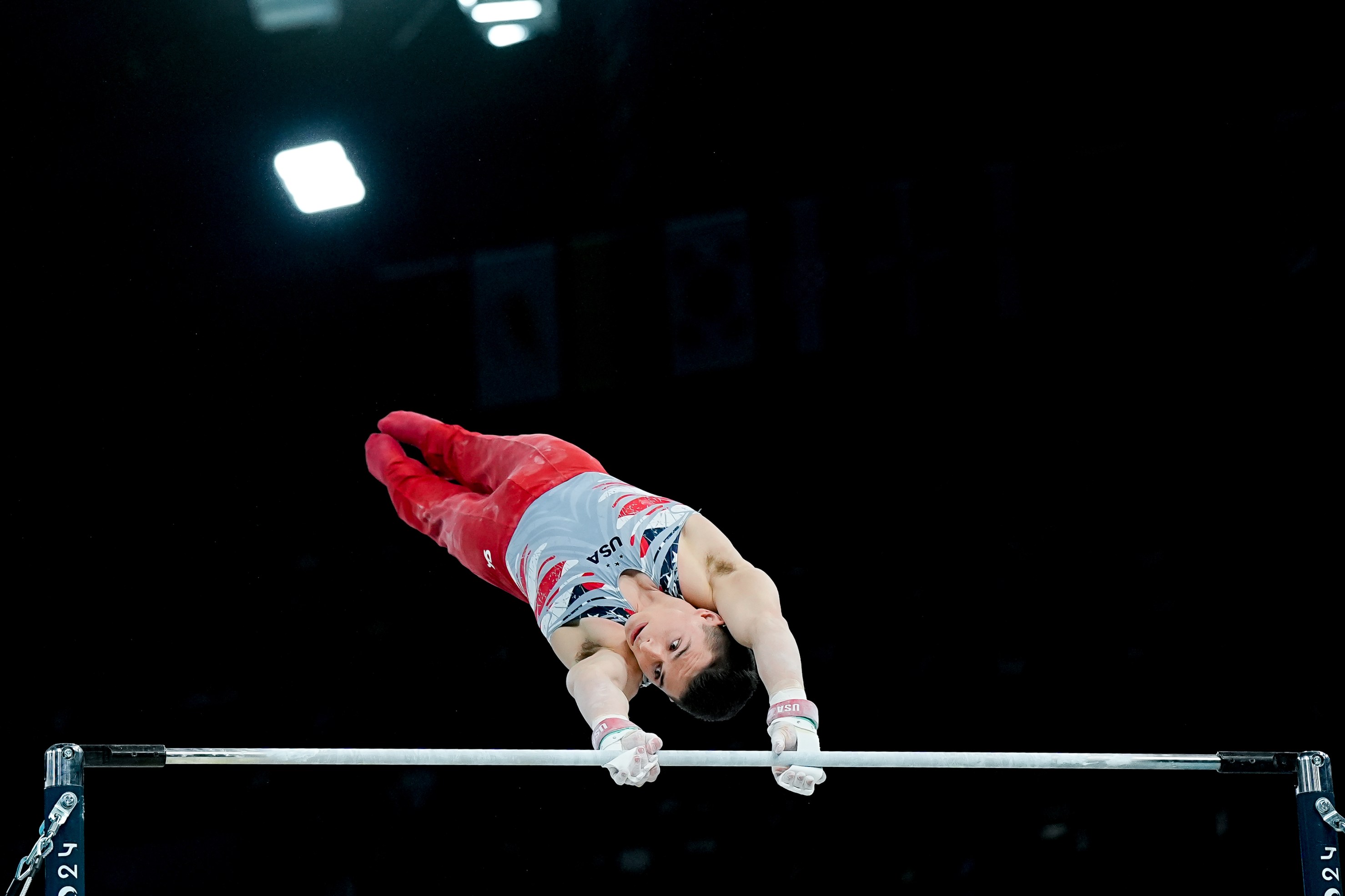 Paul Juda of United States on Horizontal Bar during the Men's Artistic Gymnastics Team Final on day three of the Olympic Games Paris 2024 at Bercy Arena on July 29, 2024 in Paris, France. (Photo by Daniela Porcelli/Eurasia Sport Images/Getty Images)