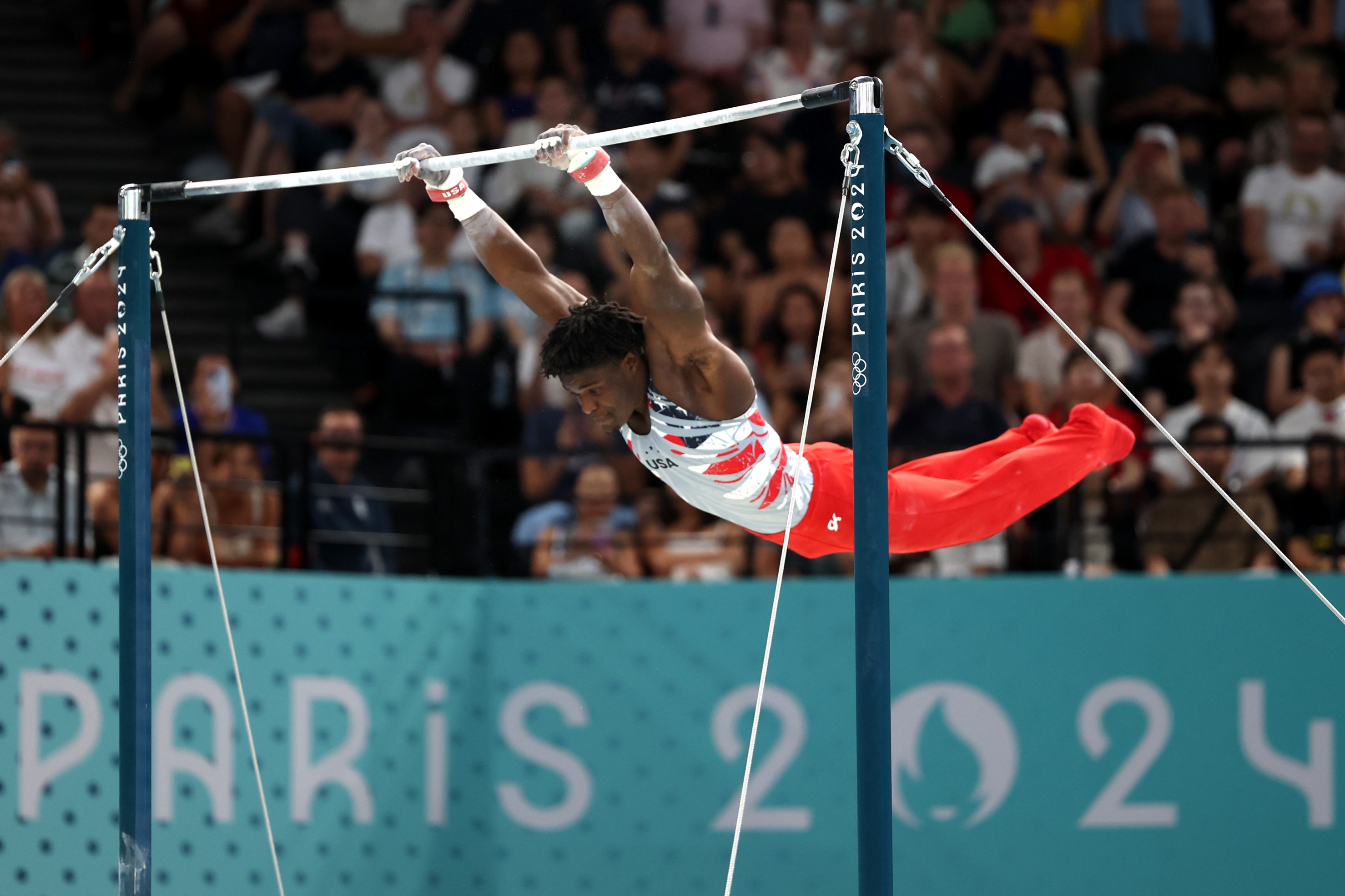 Frederick Richard of Team United States competes on the high bar during the Artistic Gymnastics Men's Team Final on day three of the Olympic Games Paris 2024 at Bercy Arena on July 29, 2024 in Paris, France. (Photo by Jamie Squire/Getty Images)