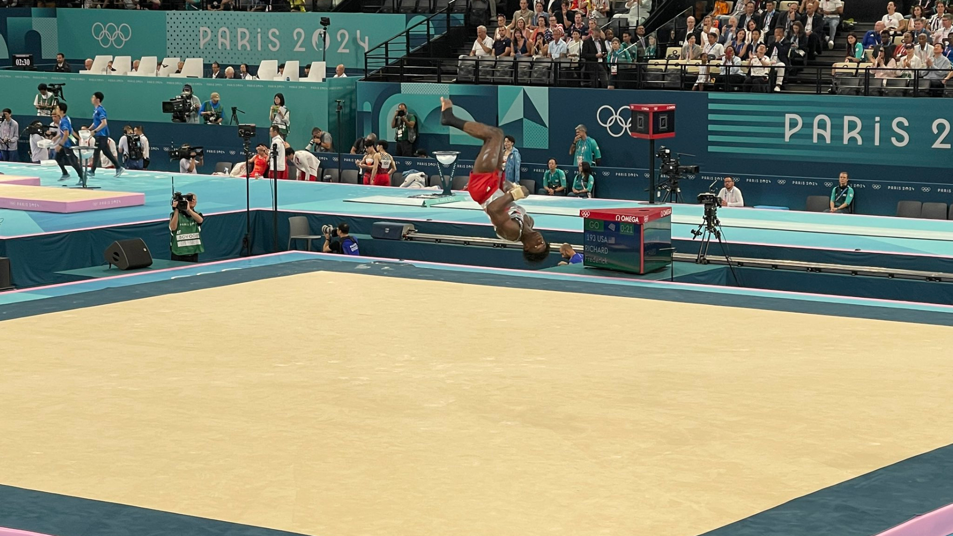 The USA's Fred Richard on the floor during the men's gymnastics team finals in Paris on July 29, 2024.