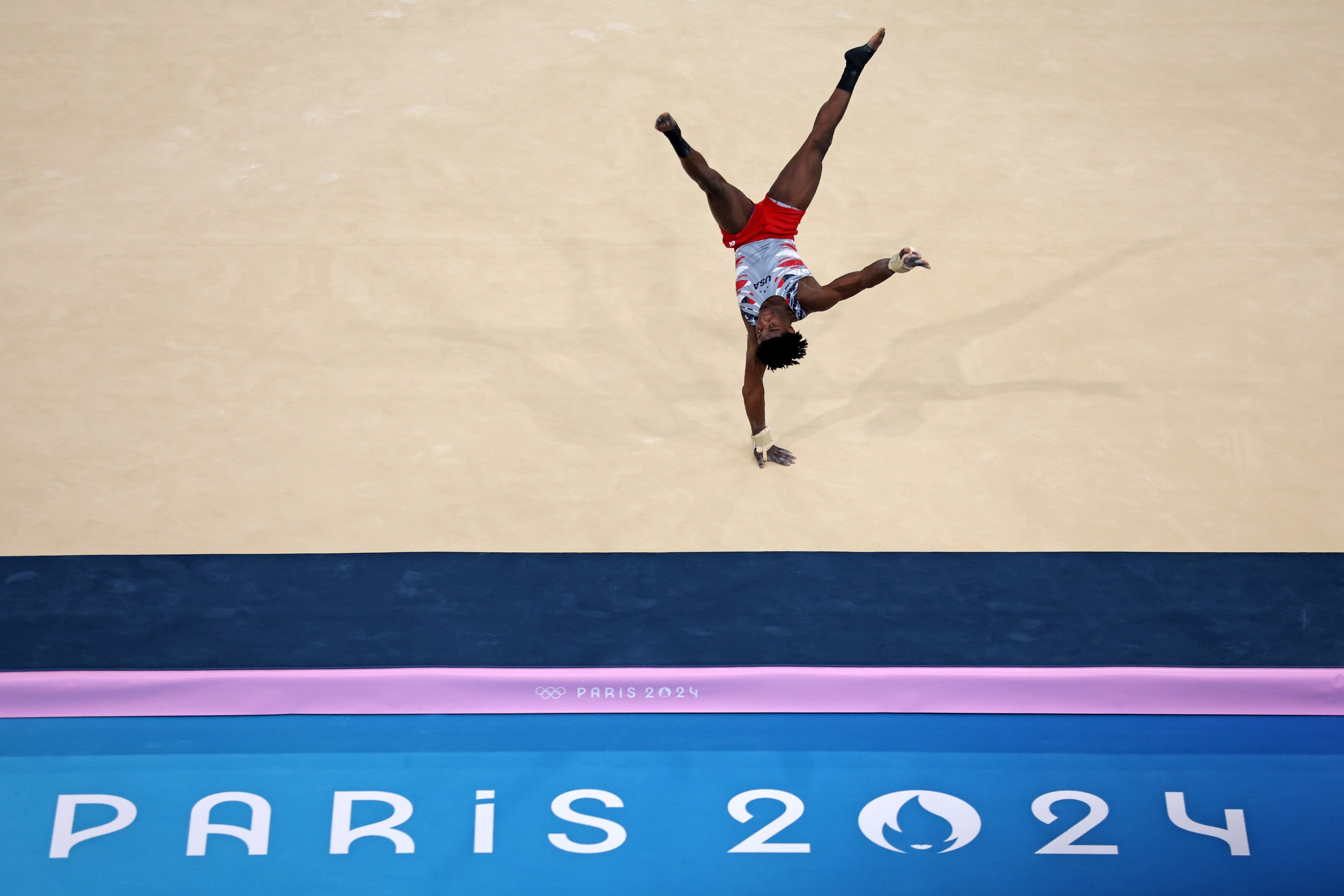 Frederick Richard of Team United States competes in the floor exercise during the Artistic Gymnastics Men's Team Final on day three of the Olympic Games Paris 2024 at Bercy Arena on July 29, 2024 in Paris, France. (Photo by Hannah Peters/Getty Images)