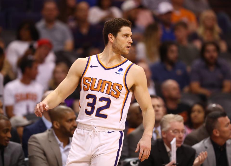 Apr 3, 2019; Phoenix, AZ, USA; Phoenix Suns guard Jimmer Fredette (32) against the Utah Jazz at Talking Stick Resort Arena. Mandatory Credit: Mark J. Rebilas-USA TODAY Sports