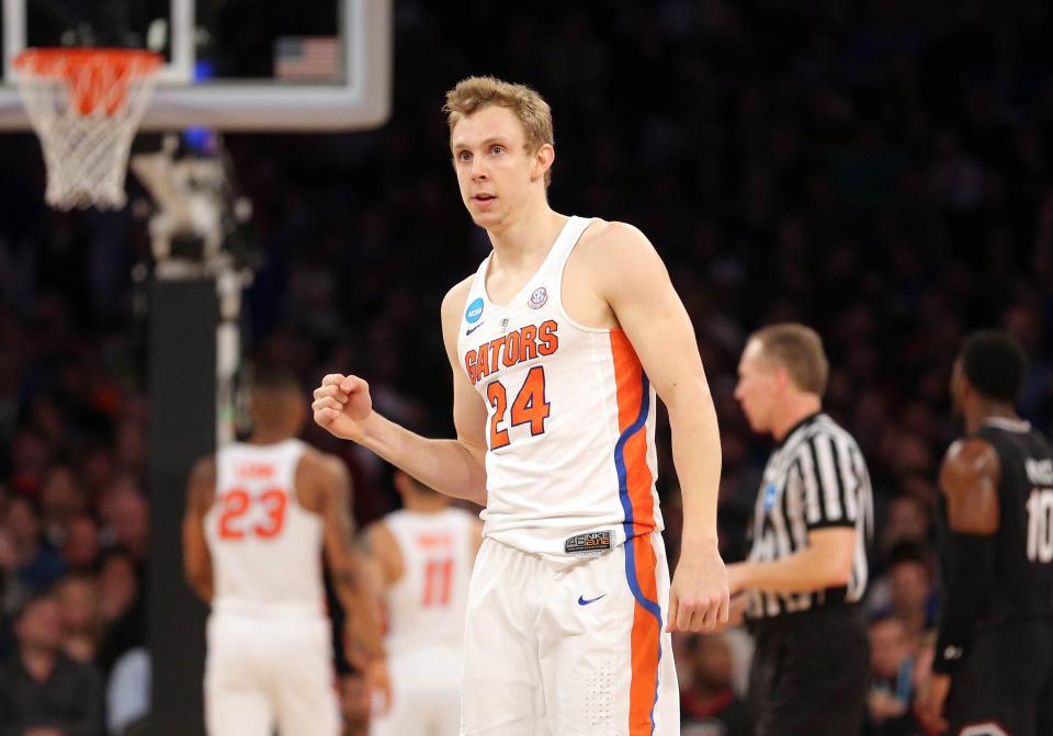 Mar 26, 2017; New York, NY, USA; Florida Gators guard Canyon Barry (24) reacts during the first half against the South Carolina Gamecocks in the finals of the East Regional of the 2017 NCAA Tournament at Madison Square Garden. Mandatory Credit: Brad Penner-USA TODAY Sports ORG XMIT: USATSI-357256 ORIG FILE ID: 20170326_pjc_ae5_088.JPG