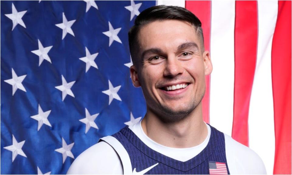 Apr 17, 2024; New York, New York, USA; U.S. Olympic athlete Dylan Travis poses for a photo at the Team USA Media Summit at Mariott Marquis. Mandatory Credit: Robert Deutsch-USA TODAY Sports ORG