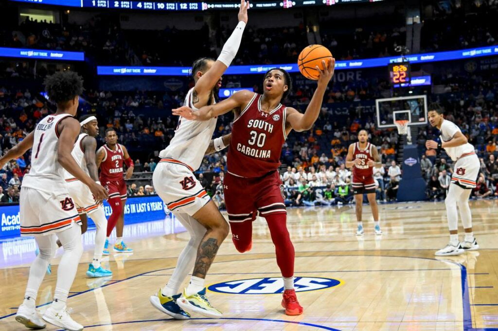 Mar 15, 2024; Nashville, TN, USA; South Carolina Gamecocks forward Collin Murray-Boyles (30) shoots the ball against the Auburn Tigers during the first half at Bridgestone Arena. Mandatory Credit: Steve Roberts-USA TODAY Sports