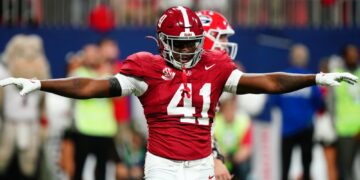 Dec 2, 2023; Atlanta, GA, USA; Alabama Crimson Tide linebacker Chris Braswell (41) reacts in the first quarter against the Georgia Bulldogs in the SEC Championship at Mercedes-Benz Stadium. Mandatory Credit: John David Mercer-USA TODAY Sports