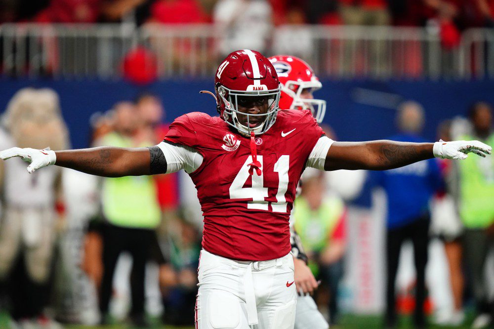 Dec 2, 2023; Atlanta, GA, USA; Alabama Crimson Tide linebacker Chris Braswell (41) reacts in the first quarter against the Georgia Bulldogs in the SEC Championship at Mercedes-Benz Stadium. Mandatory Credit: John David Mercer-USA TODAY Sports