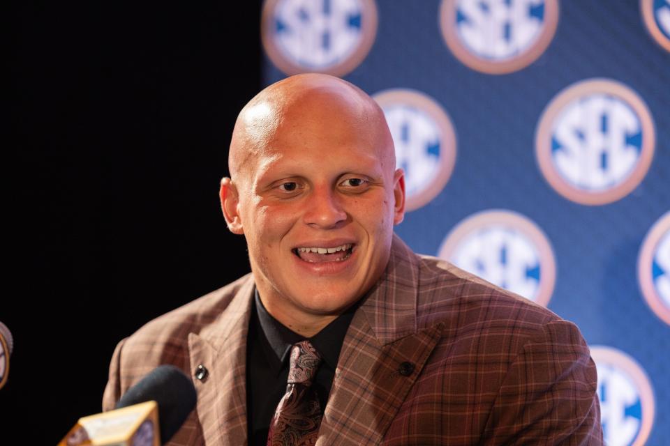 Jul 18, 2024; Dallas, TX, USA; Arkansas defensive end Landon Jackson speaking at Omni Dallas Hotel. Mandatory Credit: Brett Patzke-USA TODAY Sports