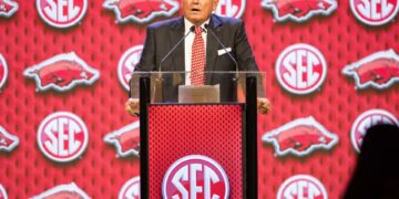 Jul 18, 2024; Dallas, TX, USA; Arkansas head coach Sam Pittman speaking at Omni Dallas Hotel. Mandatory Credit: Brett Patzke-USA TODAY Sports